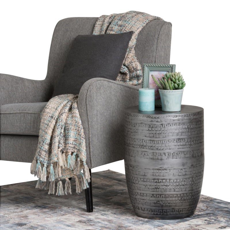 Simpli Home SIMPLIHOME Johnsen Metal Table - 15 inch Wide Solid Iron Drum Accent Table in Antique Silver with Tribal Pattern, Round Boho End Table for Living Room, Bedroom, or Home Office, Fully Assembled - Image 2