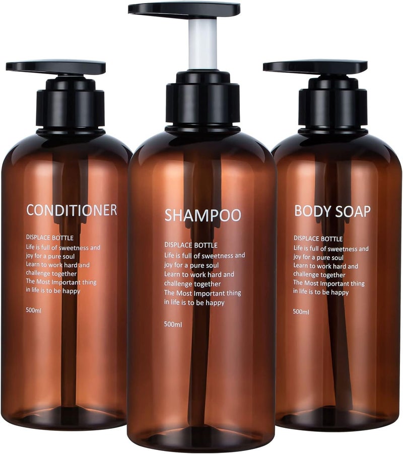 Yeeco Shampoo and Conditioner Dispenser Pump Bottle,Yeeco Clear Amber 16.9oz/500ml 3 Pack Soap Dispenser Shampoo Bottles Refillable for Body Soap Gel Lotion Bathroom, Kitchen, Hotel