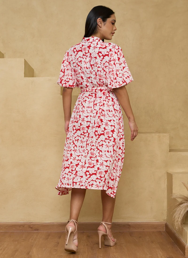 كوتور لابس Red White Printed Belted Midi Shirt Dress