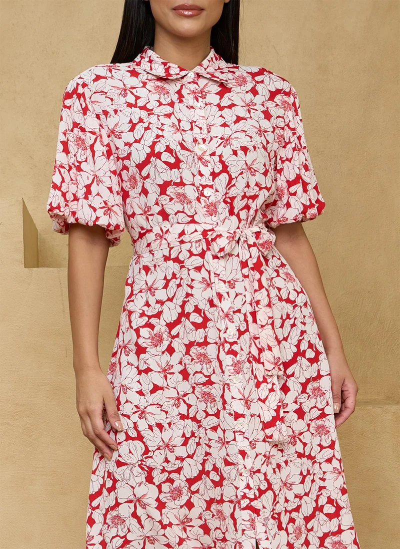 كوتور لابس Red White Printed Belted Midi Shirt Dress