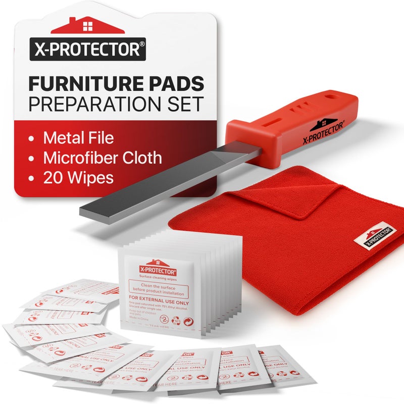 X-Protector Furniture Pads Preparation Set - Includes Metal File, Microfiber Cloth & 20 Cleaning Wipes - Furniture Surface Prep Kit for Easy Installation of Furniture Pads! - Image 1