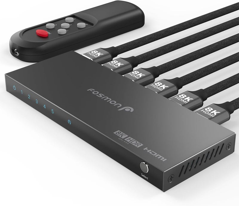 Fosmon 5-Port HDMI 2.1 8K Switch with Remote, Support 8K@60Hz 4K@120Hz 2K@144Hz 5 In 1 Out Auto-Switching 5x1 Switcher, Ultra High Speed 48Gbps Splitter Compatible with PS5, Xbox, Apple TV, Fire Stick - Image 1