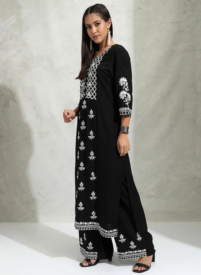 Vishudh Floral Embroidered Thread Work Straight Kurta & Palazzos Set by Styli