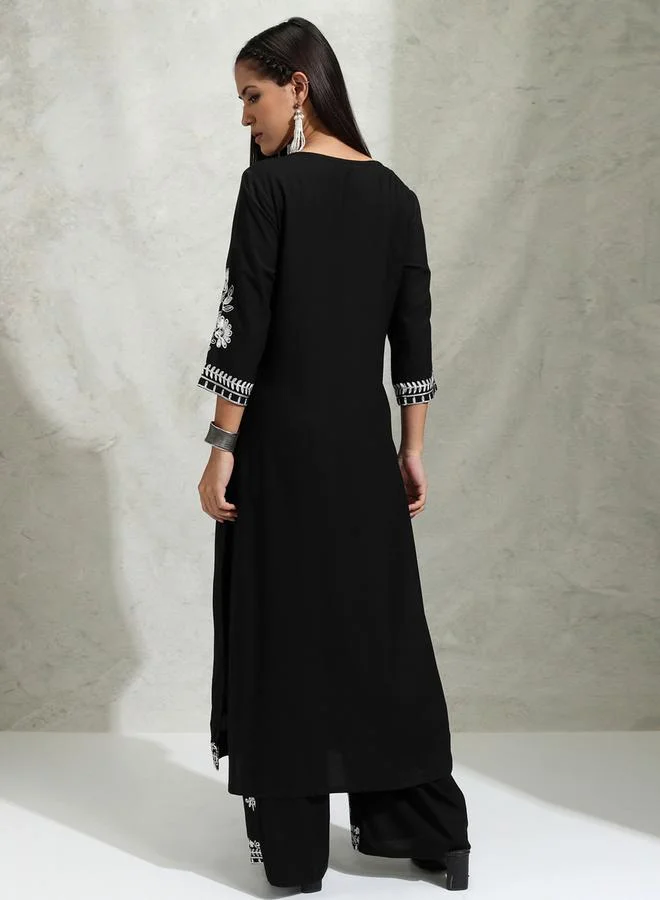 Vishudh Floral Embroidered Thread Work Straight Kurta & Palazzos Set by Styli