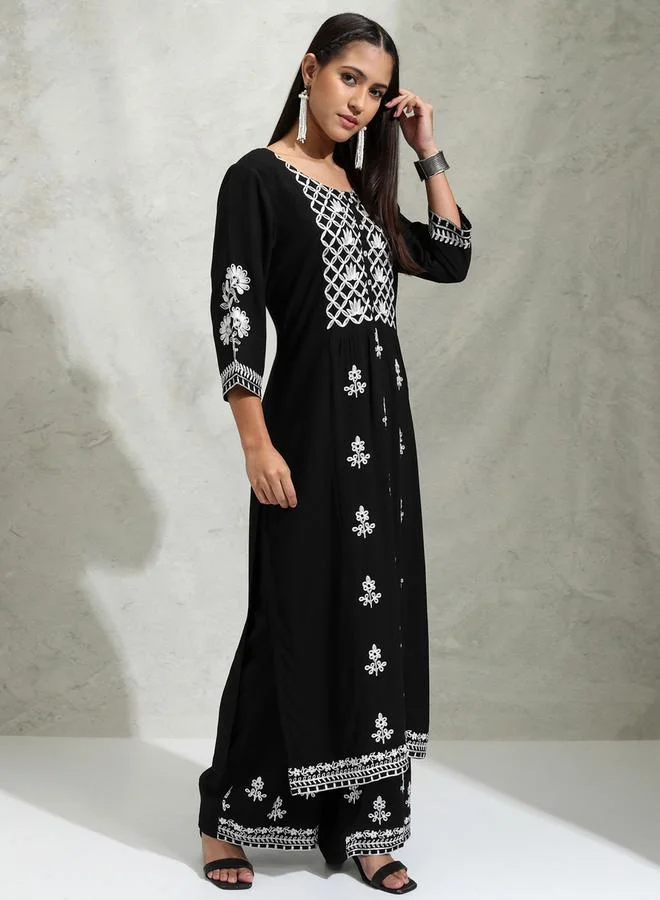 Vishudh Floral Embroidered Thread Work Straight Kurta & Palazzos Set by Styli
