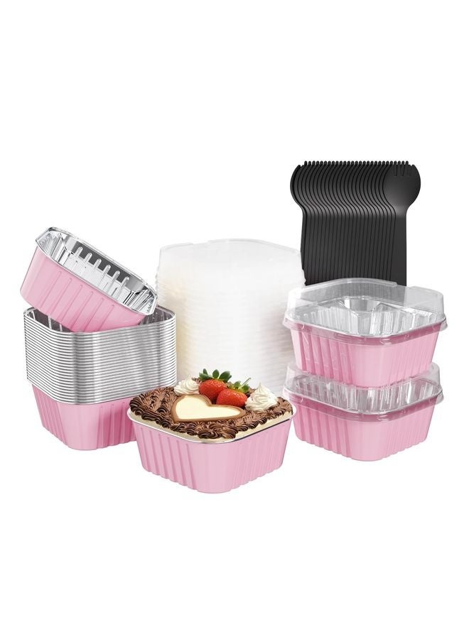 HOMESTAR 25 Pack Square Mini Cake Pans with Lids,Mini Loaf Pans with Lids,Aluminum Foil Baking Cups,Disposable Ramekins Cupcake Cups,Dessert Cups for Wedding Birthday Party Picnics,5oz (Pink) - Image 1