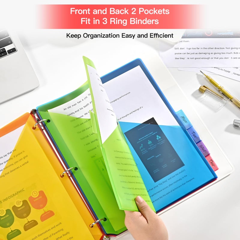SUIN 8-Tab Insertable Binder Dividers with Double Pockets - Translucent Plastic Page Separators for 3 Ring Binder, Front & Back Storage, Durable Poly, Letter Size, Rainbow Colors, 2-Pack - Image 3