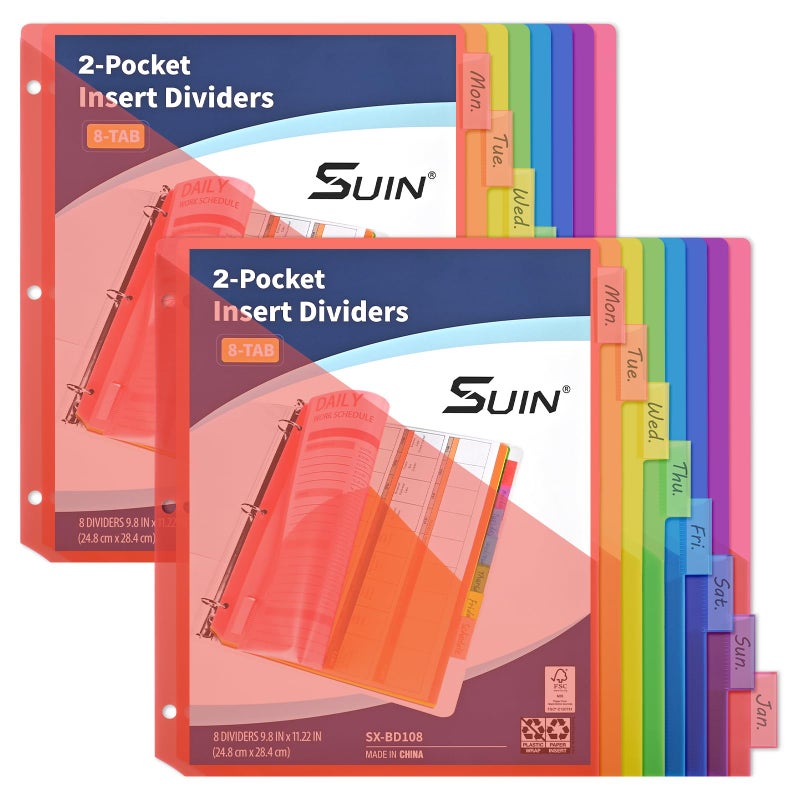 SUIN 8-Tab Insertable Binder Dividers with Double Pockets - Translucent Plastic Page Separators for 3 Ring Binder, Front & Back Storage, Durable Poly, Letter Size, Rainbow Colors, 2-Pack - Image 1