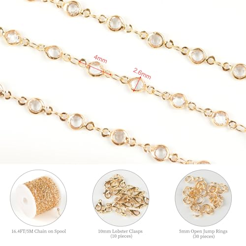 KYUNHOO 16.4 Feet Jewelry Making Supplies Set Gold Plated Brass Chain for Jewelry Craft Making Clear Beaded Necklace Chains Roll with Jump Rings Lobster Clasps - Image 2