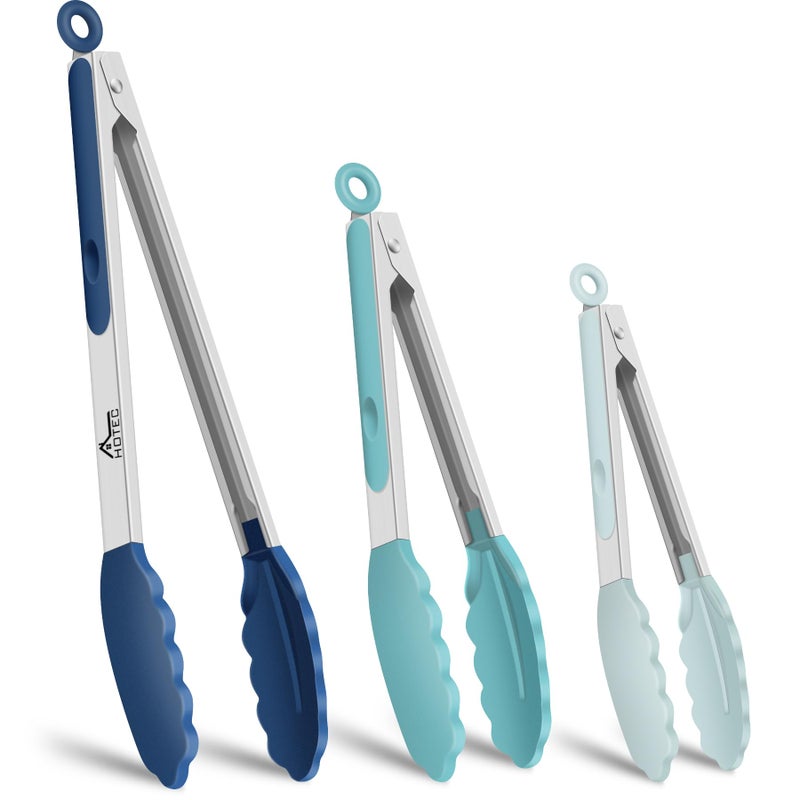 HOTEC Premium Stainless Steel Locking Kitchen Tongs with Silicon Tips Set of 37 9 and 12 Gradient Blue