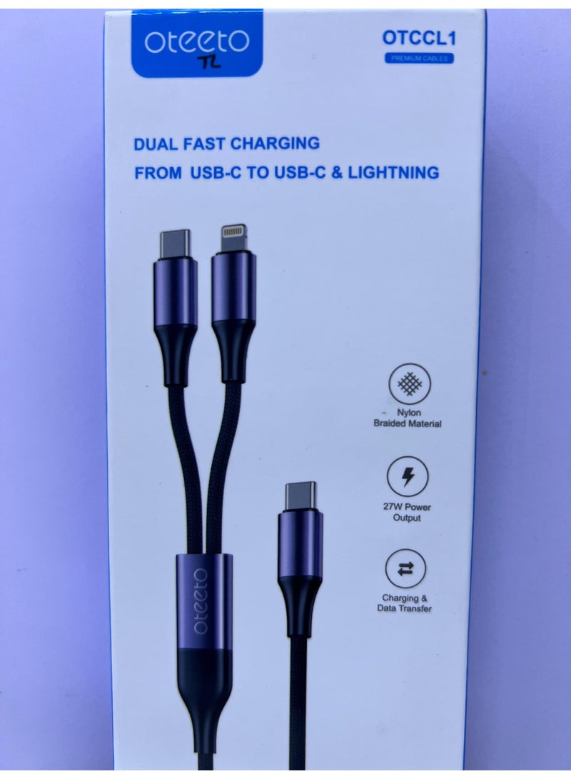 Oteeto 2-in-1 USB-C to USB-C & Lightning Fast Charging Cable 1.2M – 27W Power Delivery, Dual Output - Image 2