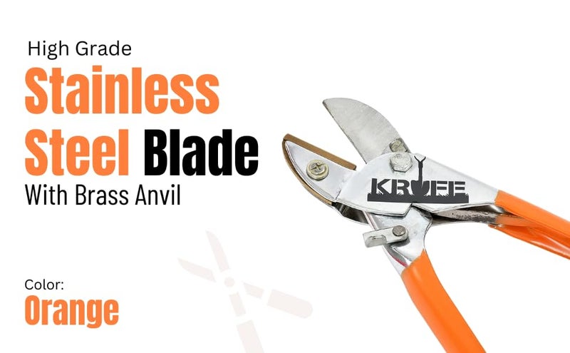 KRUFE Anvil Pruning Shears with Stainless Steel Blade and Brass Anvil | Manual Garden Secateurs for Cutting Dry and Hard Branches | Ergonomic Handle Hand Pruner for Gardening and Plant Care (Orange) - Image 4