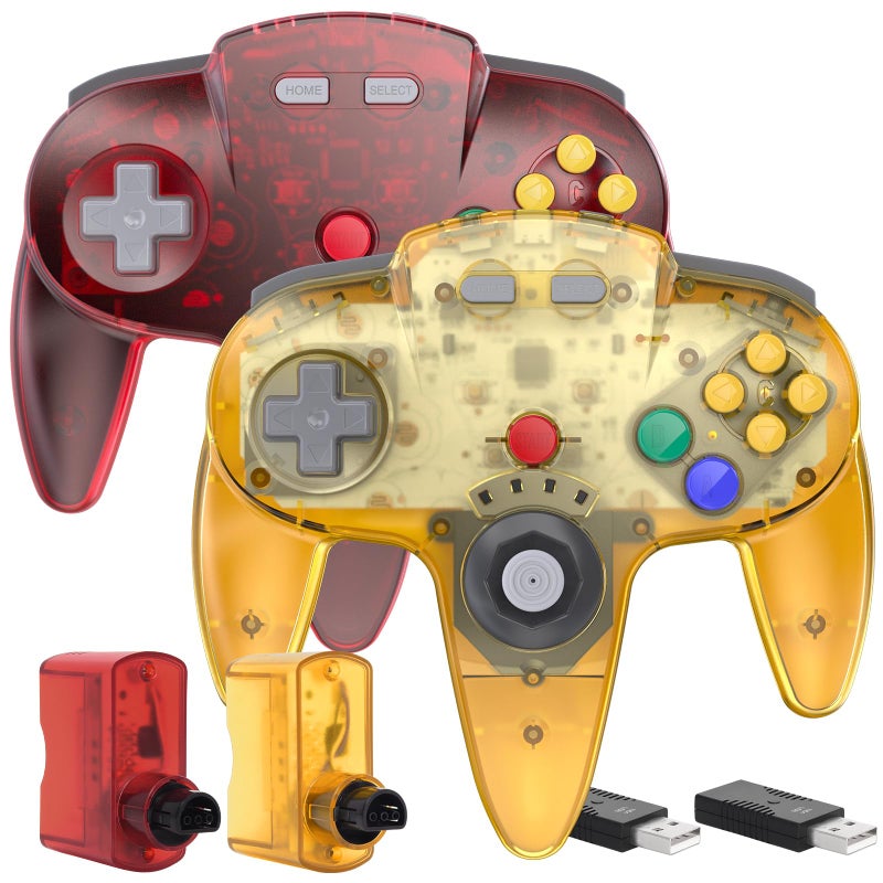 SAFFUN 2 Pack 2.4 GHz Wireless N64 Switch Online Controller, USB & N64 Receiver, Compatible with Windows PC iOS Mac Raspberry Pi, N64 / Switch Online/NSO - (Rechargeable) (Plug and Play) (Clear Red/Yellow) - Image 1