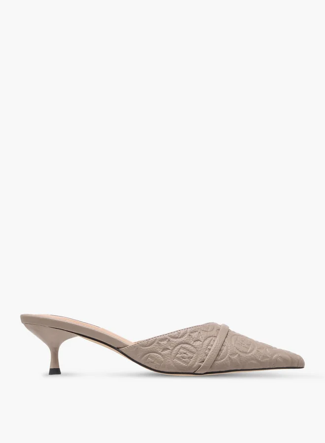 ELLE Women's Monogram Embossed Slip-On Mules with Kitten Heels
