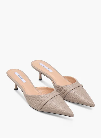 ELLE Women's Monogram Embossed Slip-On Mules with Kitten Heels