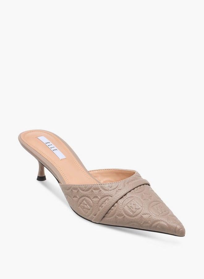 ELLE Women's Monogram Embossed Slip-On Mules with Kitten Heels - Image 1