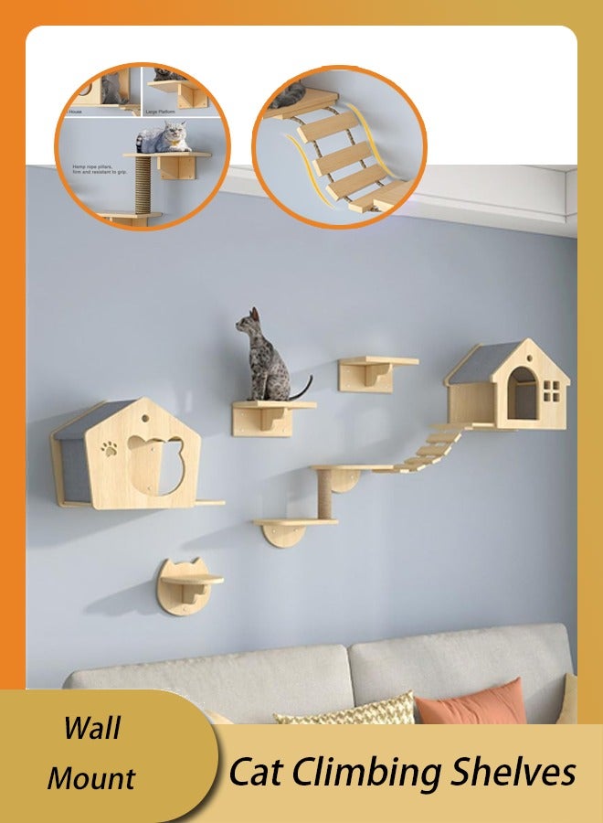 Generic Cat Climbing Shelves Wall Mounted, Wood Cat Wall Shelf and Cat Perch Set, Cat Climbing Frame Bridge Ladder Steps Indoor Wooden with Sisal Scratching Post and 4 Cat Wall Shelves Natural Wood Cat Walkways for Sleeping, Playing, Climbing, and Lounging  - Image 1