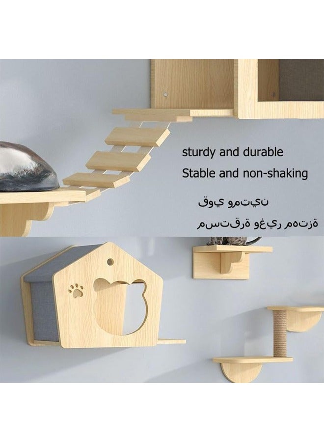 Generic Cat Climbing Shelves Wall Mounted, Wood Cat Wall Shelf and Cat Perch Set, Cat Climbing Frame Bridge Ladder Steps Indoor Wooden with Sisal Scratching Post and 4 Cat Wall Shelves Natural Wood Cat Walkways for Sleeping, Playing, Climbing, and Lounging  - Image 3