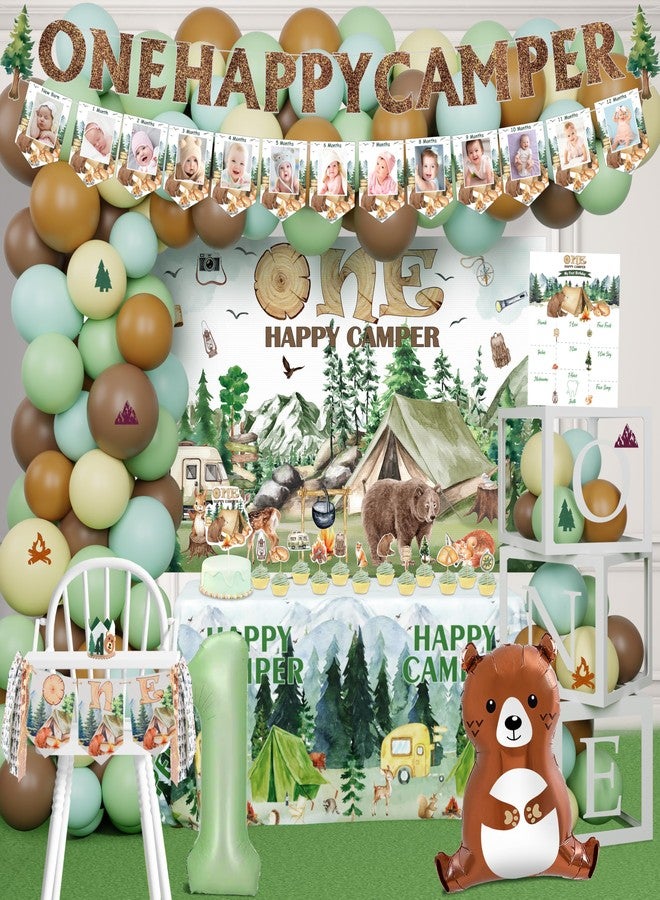 THAWAY One Happy Camper Birthday Decorations 109Pcs Camping 1st Birthday Party Supplies Camp Themed Balloon Garland with Balloon Box Backdrop Monthly Photo High Chair Banner Cake Topper Cutout Crown Poster - Image 1