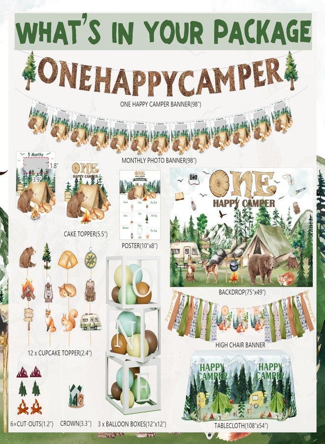 THAWAY One Happy Camper Birthday Decorations 109Pcs Camping 1st Birthday Party Supplies Camp Themed Balloon Garland with Balloon Box Backdrop Monthly Photo High Chair Banner Cake Topper Cutout Crown Poster - Image 2