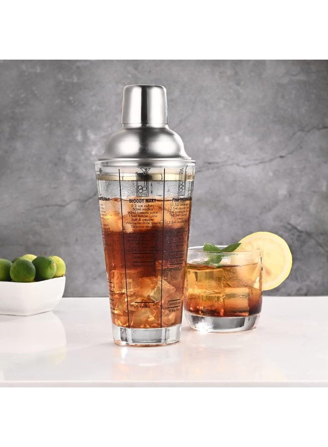 Transparent Glass Cocktail Shaker 14 oz with Printed Recipes on the Side, Crystal Bar Shaker with Measuring Jigger, Built-in Strainer and Leak-Proof Stopper - Image 5