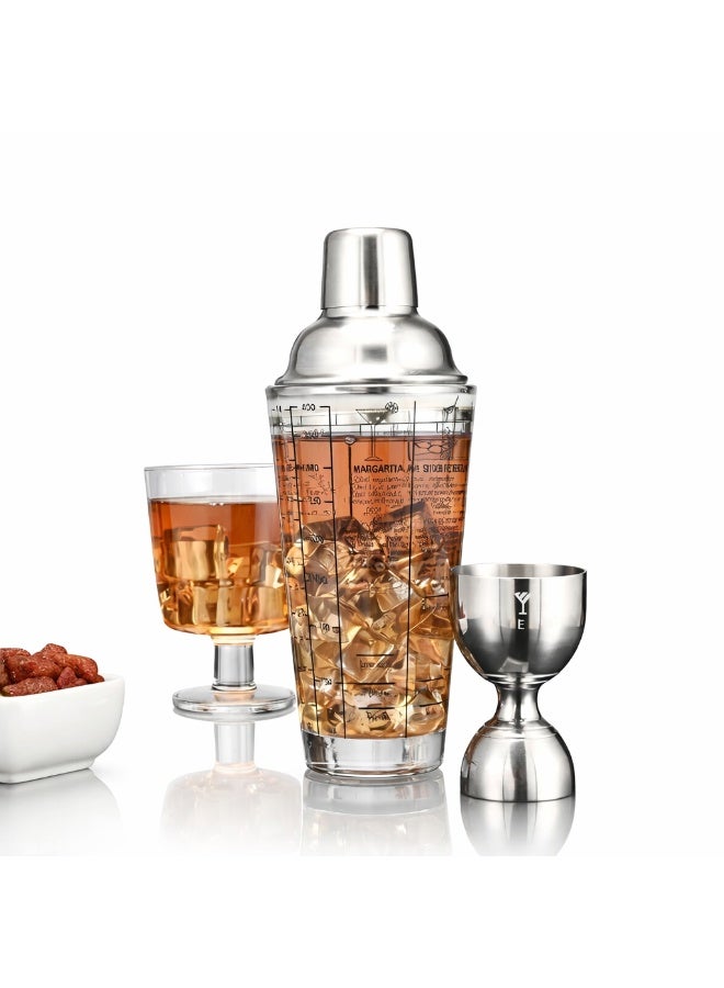 Transparent Glass Cocktail Shaker 14 oz with Printed Recipes on the Side, Crystal Bar Shaker with Measuring Jigger, Built-in Strainer and Leak-Proof Stopper - Image 1
