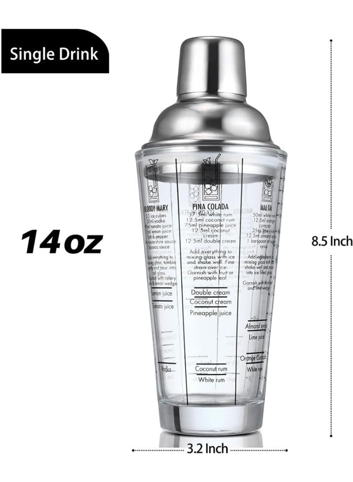 Transparent Glass Cocktail Shaker 14 oz with Printed Recipes on the Side, Crystal Bar Shaker with Measuring Jigger, Built-in Strainer and Leak-Proof Stopper - Image 4