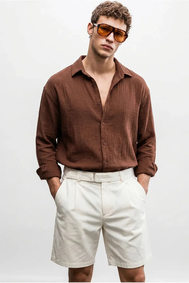 بيانكو لوتشي LUCCI Oversized Textured Button-Front Shirt