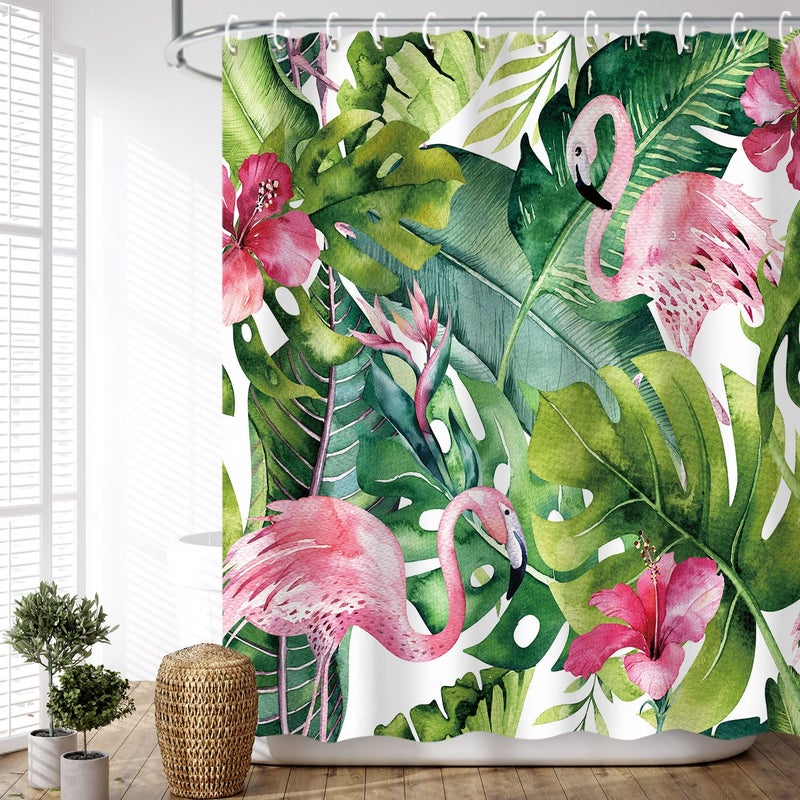 LIVILAN Tropical Shower Curtain Green Shower Curtain Flamingo Shower Curtains for Bathroom Botanical Shower Curtain Set with 12 Hooks Leaf Bathroom Decor 72X72 inches