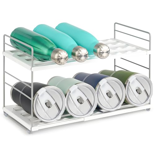 JUPELI Water Bottle Organizer For Cabinet Adjustable Tumbler Storage Expandable Water Bottle Holder For Kitchen Organization 2 Tier Cup Organizer For Sports Flask Insulated Travel Mug Fridge White - Image 1