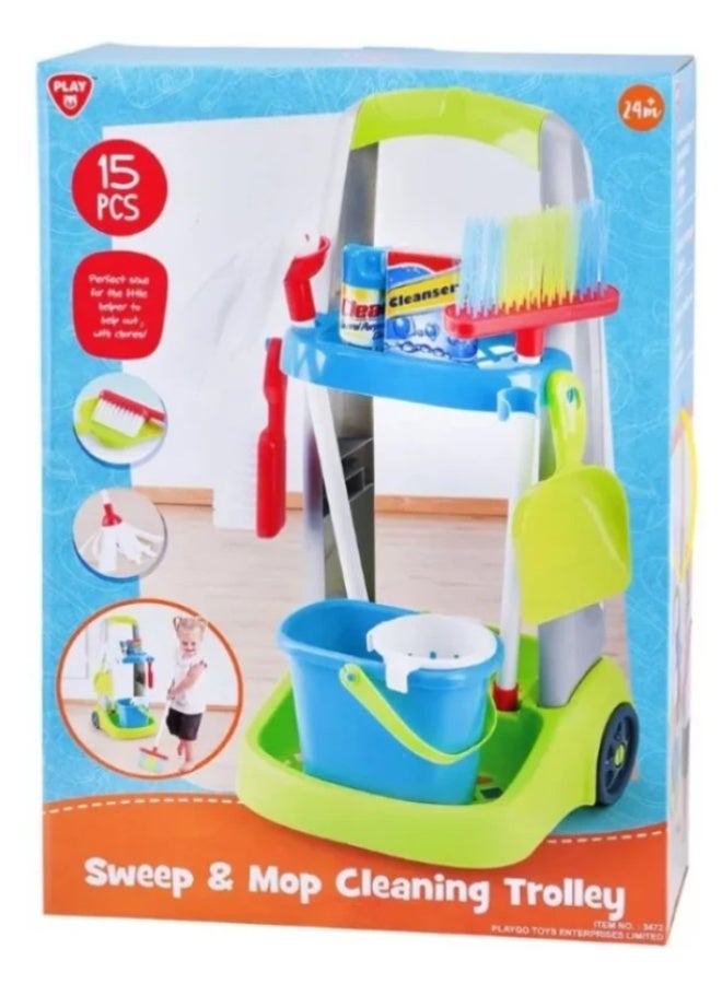 PlayGo Sweep & Mop Cleaning Trolley Playset, 15-Piece Pretend Play Cleaning Toy for Kids - Image 1