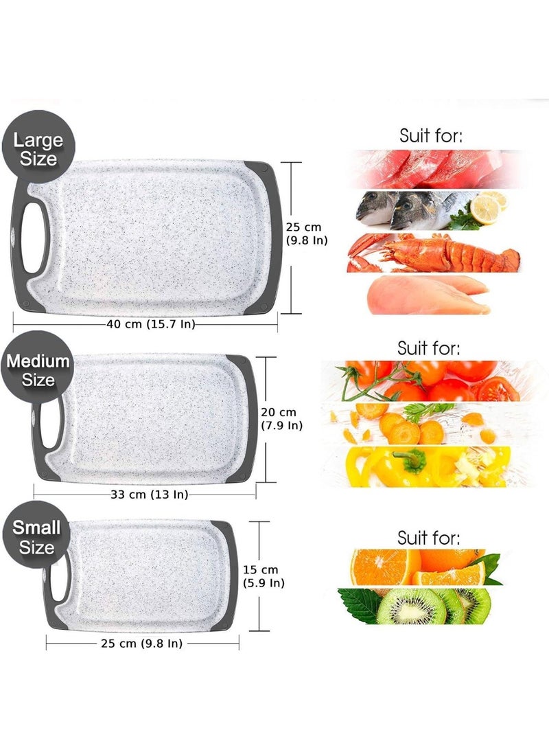 كيتشينو مجموعة ألواح تقطيع من البولي إيثيلين عالي الكثافة بتصميم حجري - مقبض مطاطي، مجرى للعصائر، فتحة لتمرير السوائل، غير مسامي، متين، يدوم طويلاً وخالٍ من مادة BPA، سهل التنظيف، مجموعة من 3 ألواح رمادية من البولي فينيل كلوريد - Image 2