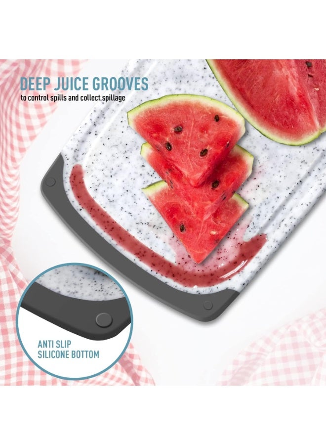 كيتشينو مجموعة ألواح تقطيع من البولي إيثيلين عالي الكثافة بتصميم حجري - مقبض مطاطي، مجرى للعصائر، فتحة لتمرير السوائل، غير مسامي، متين، يدوم طويلاً وخالٍ من مادة BPA، سهل التنظيف، مجموعة من 3 ألواح رمادية من البولي فينيل كلوريد - Image 5