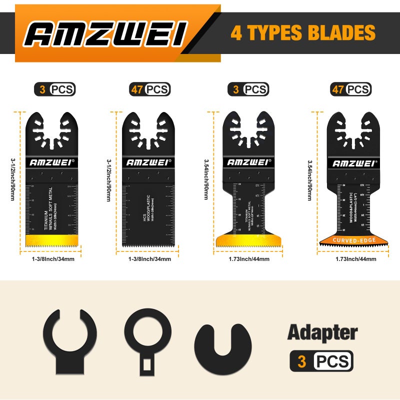 AMZWEI 100PCS Titanium Oscillating Tool Blades, Professional Curved Edge Saw Blades Metal Wood Plastic Cuts 4 Types Quick Release Multi Tool Blades Compatible with Dewalt Milwaukee Ryobi Rockwell - Image 2