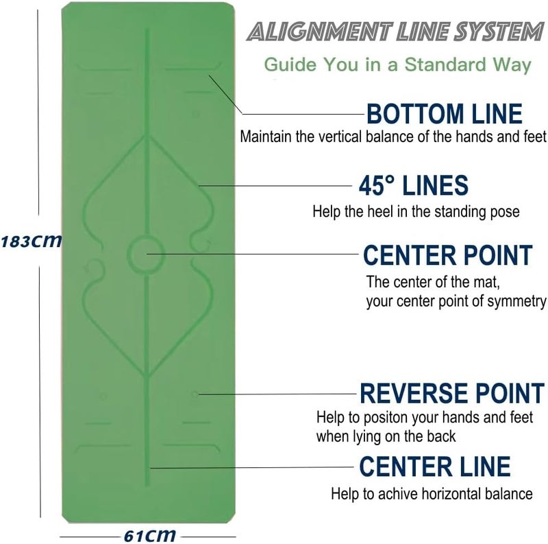 Cyber حصيرة يوغا، حصيرة للياقة البدنية غير قابلة للانزلاق مع علامات محاذاة للنساء والرجال، 183 × 61 × 0.6 سم سمك صديقة للبيئة TPE، حزام حمل وحقيبة تخزين متضمنة - أخضر / رمادي - Image 5
