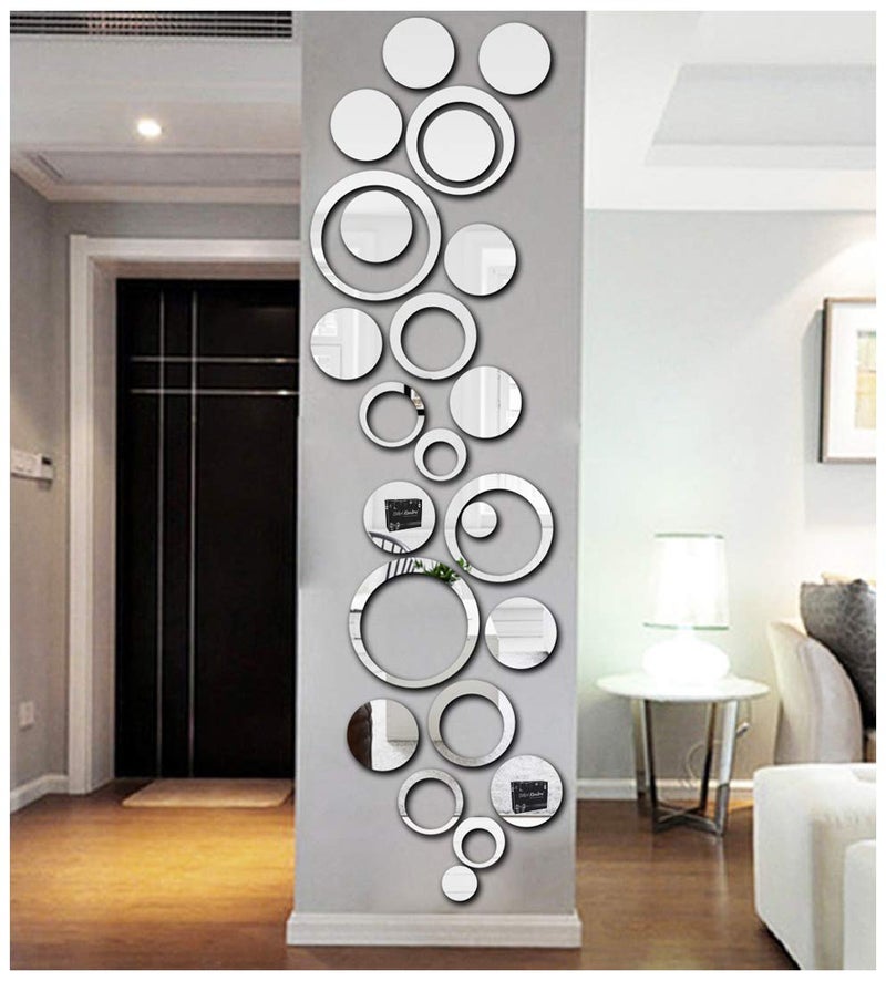 Bikri Kendra Bikri Kendra Big Ring 12 Circle 12 Silver Decorative Mirror Stickers for Wall Wall Mirror Stickers 3D Acrylic Stickers Wall Stickers for Hall Room Bed Room Kitchen Living Room Kids Room 