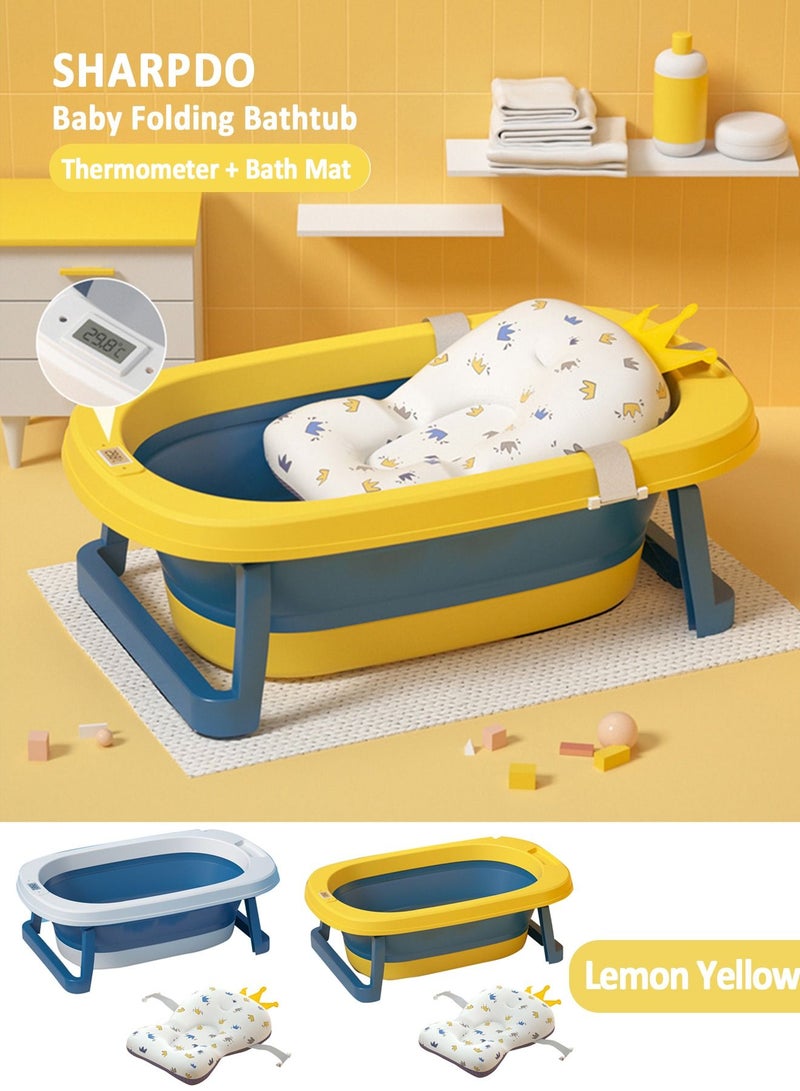 Sharpdo Foldable Baby Bathtub With Thermometer Bath Cushion Pillow Portable Safe Collapsible Bathtub For Children With Temperature Sensing Multifunction Children Shower Basin Yellow - Image 1