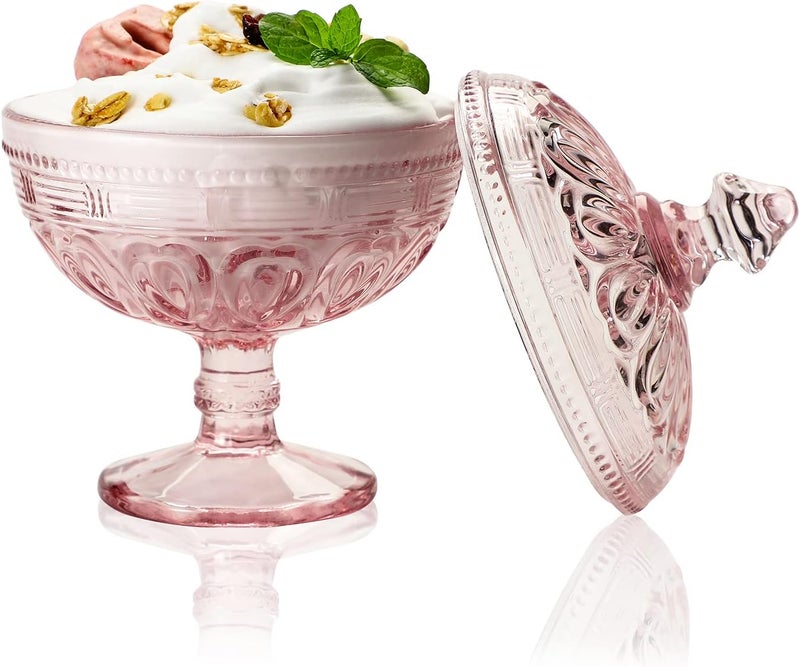G Vintage Glass Dessert Bowl with Lid 6 oz Pink Crystal Pedestal Design for Ice Cream Parfait Sundae - Image 1