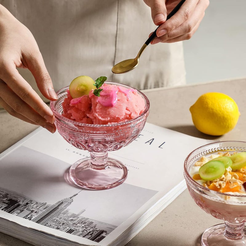 G Vintage Glass Dessert Bowl with Lid 6 oz Pink Crystal Pedestal Design for Ice Cream Parfait Sundae - Image 2