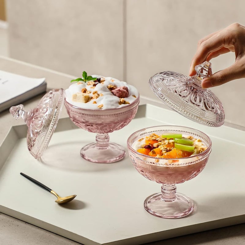 G Vintage Glass Dessert Bowl with Lid 6 oz Pink Crystal Pedestal Design for Ice Cream Parfait Sundae - Image 5