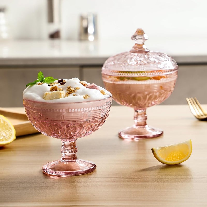 G Vintage Glass Dessert Bowl with Lid 6 oz Pink Crystal Pedestal Design for Ice Cream Parfait Sundae - Image 3