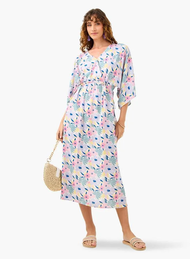 Splash FAV Floral Print Viscose Dress with V-neck and Tie-Up Detail