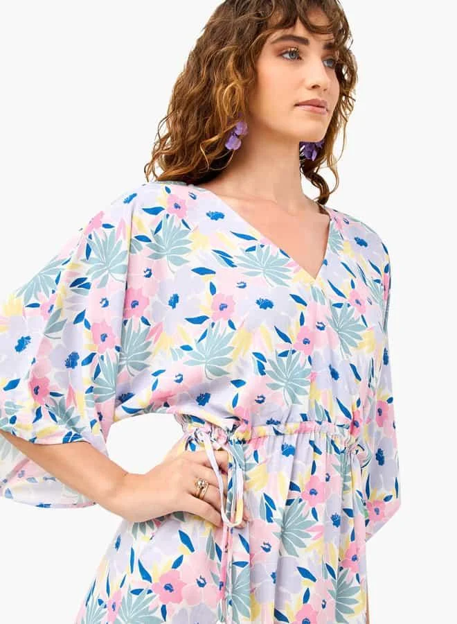 Splash FAV Floral Print Dress with V-neck and Tie-Up Detail