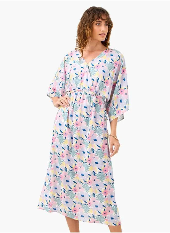 فاف Floral Print Dress with V-neck and Tie-Up Detail