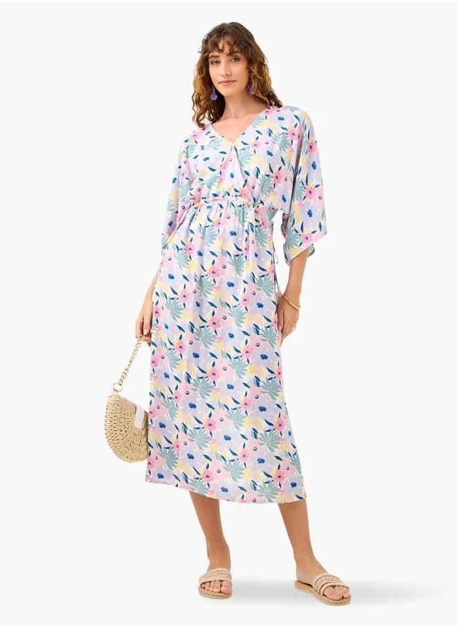 فاف Floral Print Dress with V-neck and Tie-Up Detail