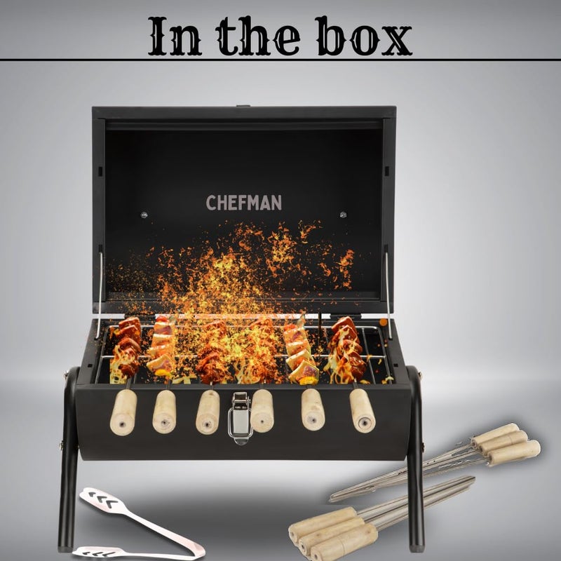 Chefman 15-Inch Barrel Barbeque Grill with 6 Skewers, 1 Tong & 2 Grills | Black | Portable Tandoori Grill for Home, Outdoor, Charcoal BBQ Grill, Suitable for 4-5 Members (Black) - Image 3