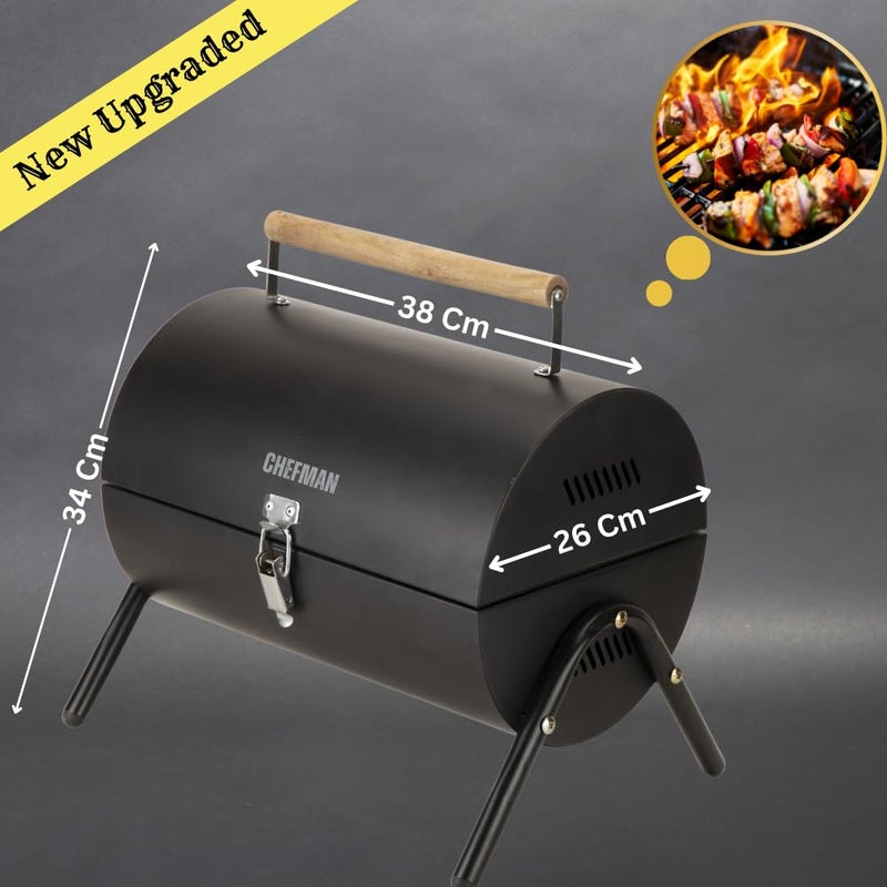 Chefman 15-Inch Barrel Barbeque Grill with 6 Skewers, 1 Tong & 2 Grills | Black | Portable Tandoori Grill for Home, Outdoor, Charcoal BBQ Grill, Suitable for 4-5 Members (Black) - Image 2