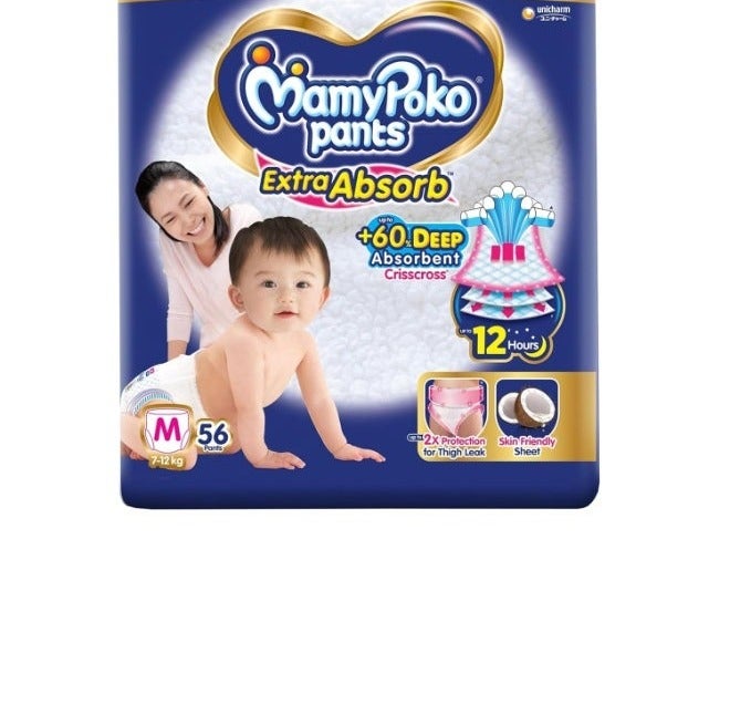 MamyPoko Pants Extra Absorb Baby Diapers, Medium (M Size) | 7-12 kg | 56 Count |Deep Sleep Diapers| Soft Gentle fit |Deep Absorbent Crisscross | Skin Friendly with Coconut Oil | (Pack of 2)