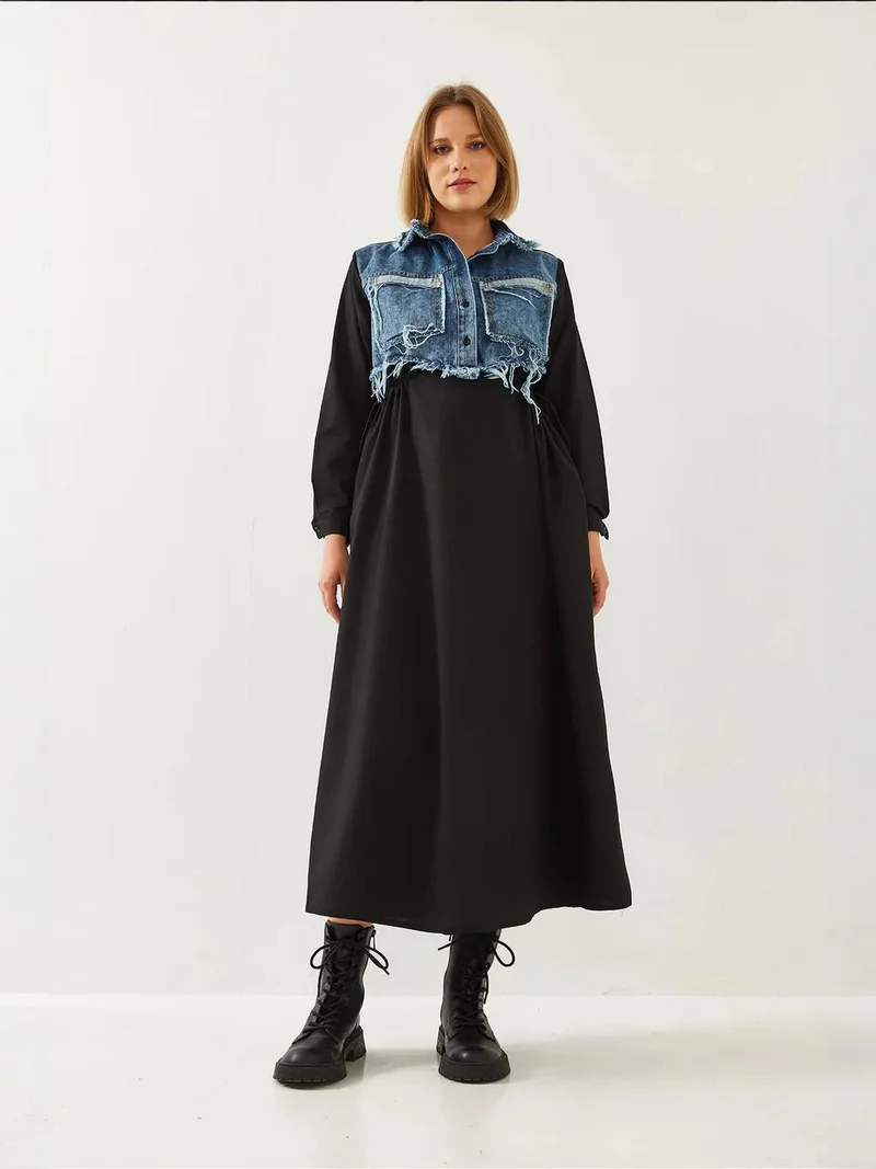 بيانكو لوتشي فستان ماكسي لوكسي من قماش الجبردين بنقوش مع ياقة قميص وإغلاق بأزرار