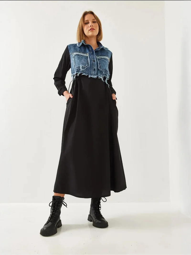 بيانكو لوتشي فستان ماكسي لوكسي من قماش الجبردين بنقوش مع ياقة قميص وإغلاق بأزرار